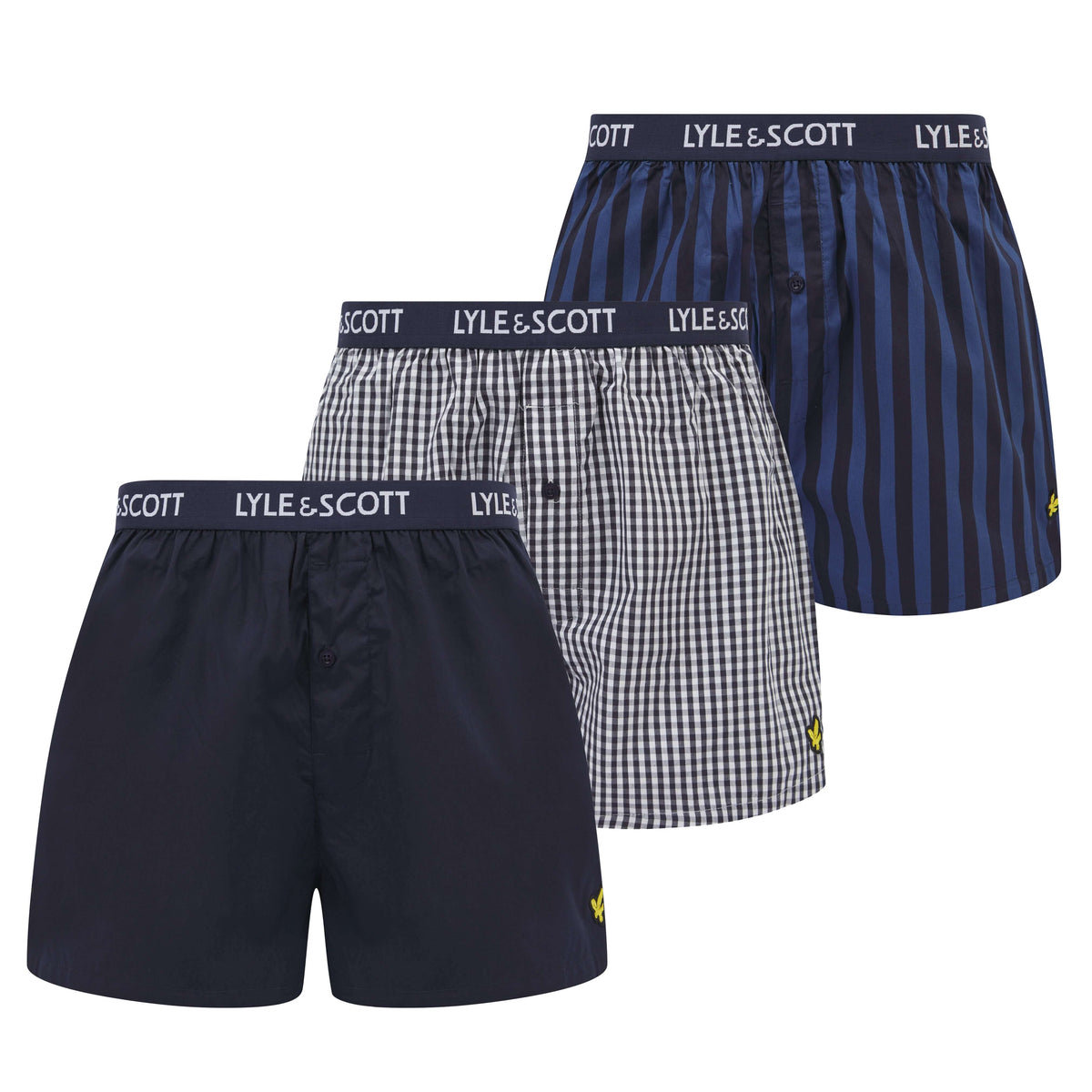 Lyle & Scott 3 Pack Men's Lenny Woven Boxers - Stripe/Peacoat/Gingham ...