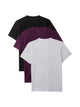 Three short-sleeve crew-neck t-shirts stacked slightly offset on a white background, shown in black, deep purple, and white.