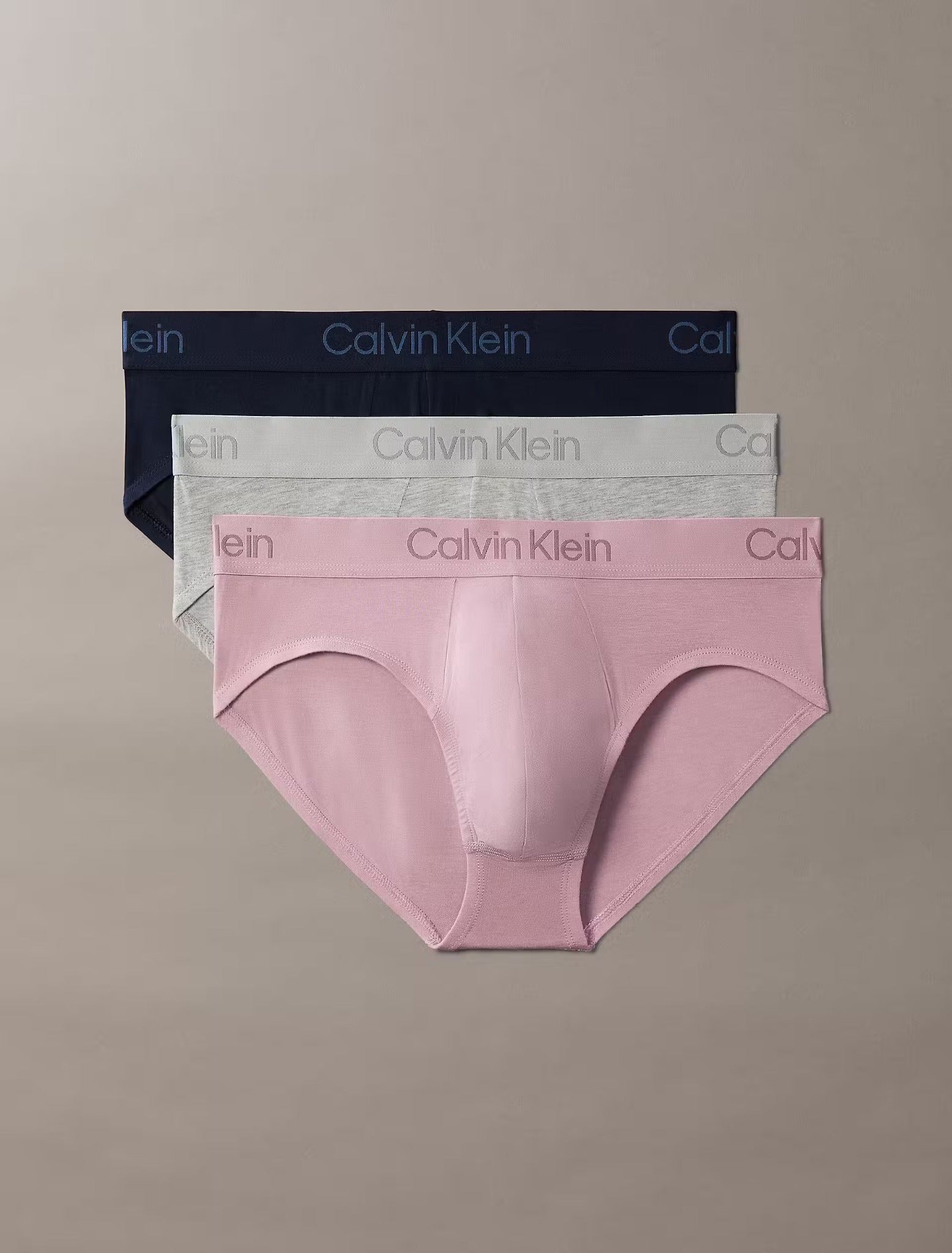 Calvin Klein Ultra Soft Modal 3-pack hip briefs in Dark Sapphire Dusty Orchid Grey Heather – three-pack product image