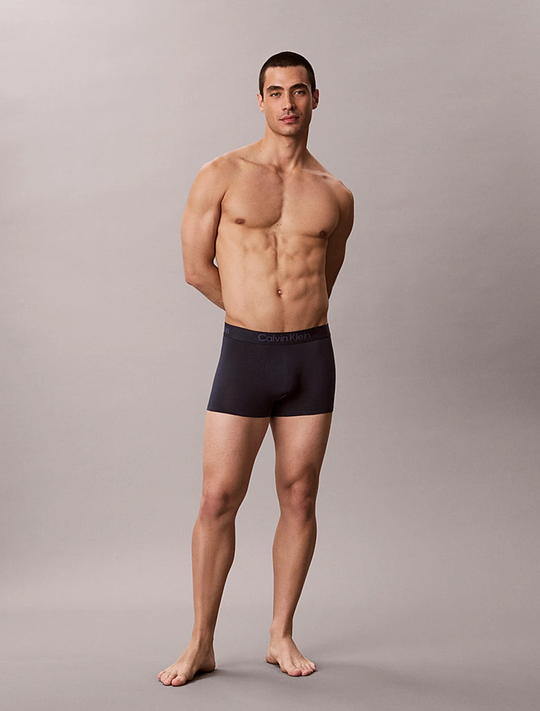 Calvin Klein Ultra Soft Modal 3-pack trunks in Dark Sapphire Dusty Orchid Grey Heather – model front view