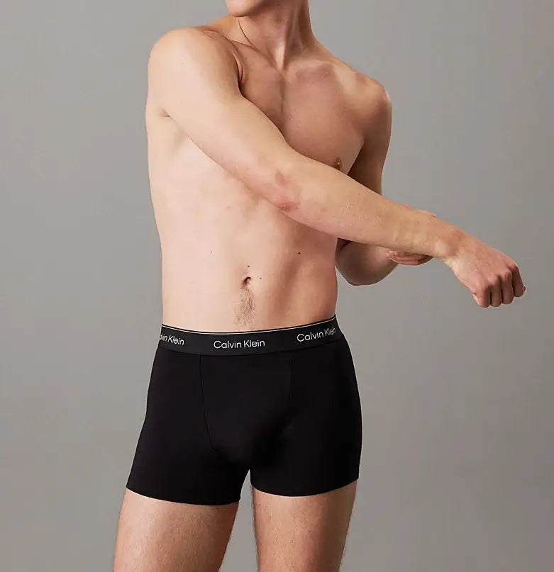 Calvin Klein 3 Pack Relaxed Dart Trunks - Icon Cotton Stretch, Black W/ Black Wbs