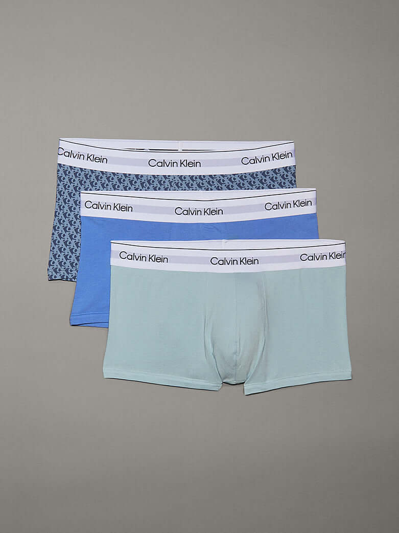 Calvin Klein 3 Pack Low Rise Trunks - Icon Cotton Stretch, Glacier Blue / All Over Logo