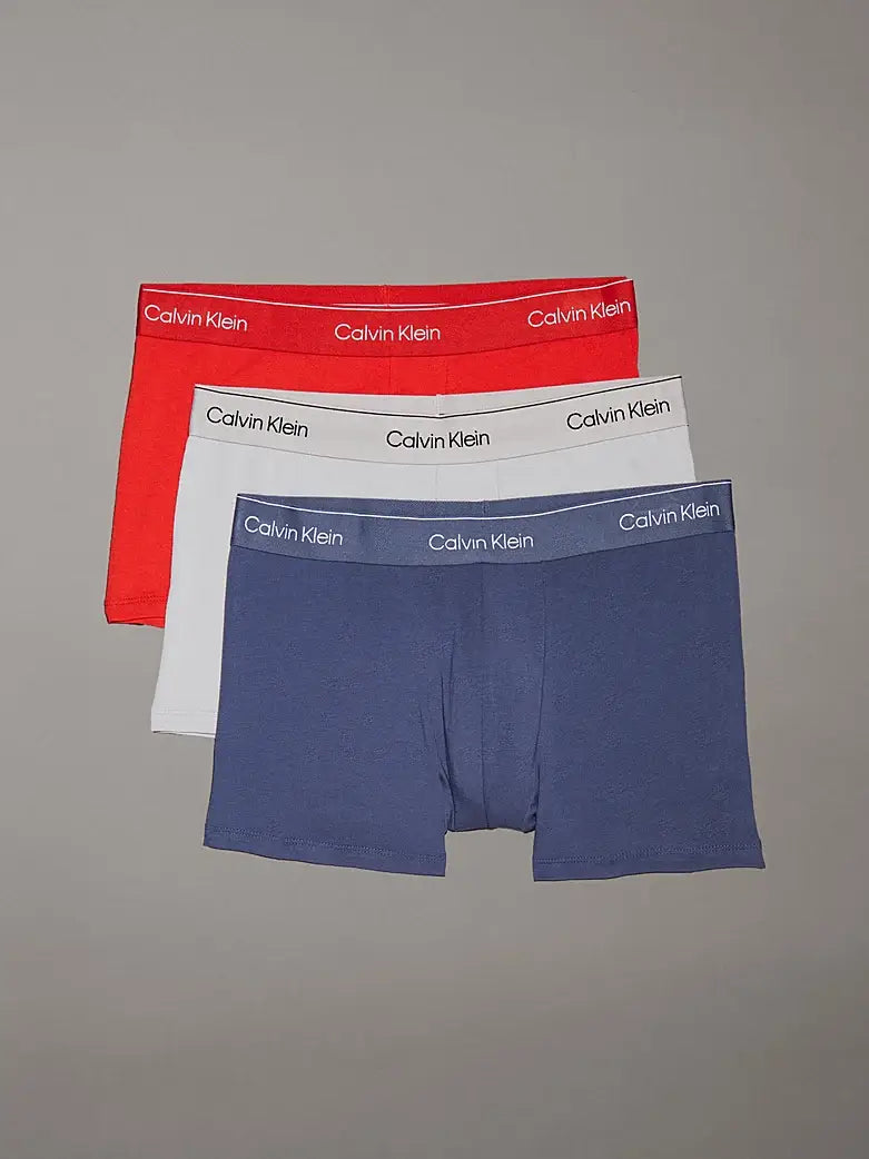 Calvin Klein 3 Pack Trunks - Icon Cotton Stretch, Red/Vintage Indigo/Moonbeam