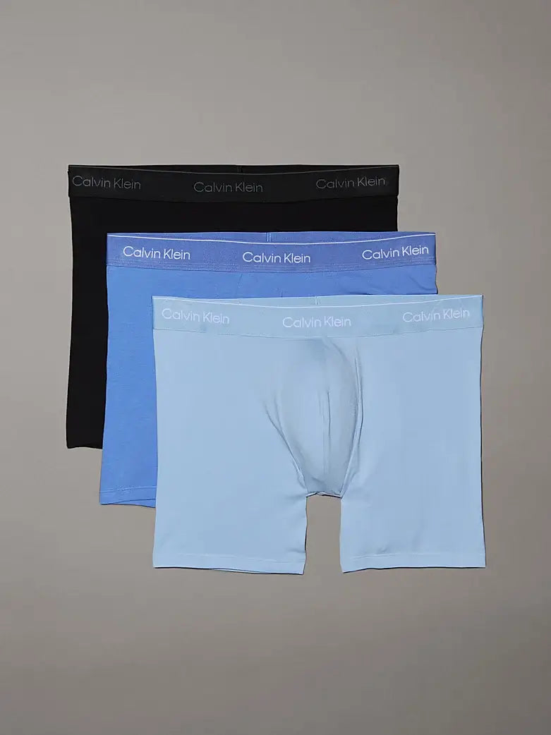 Calvin Klein 3 Pack Boxer Briefs – ICON Cotton Stretch, Black/Glacier/Blue Bell