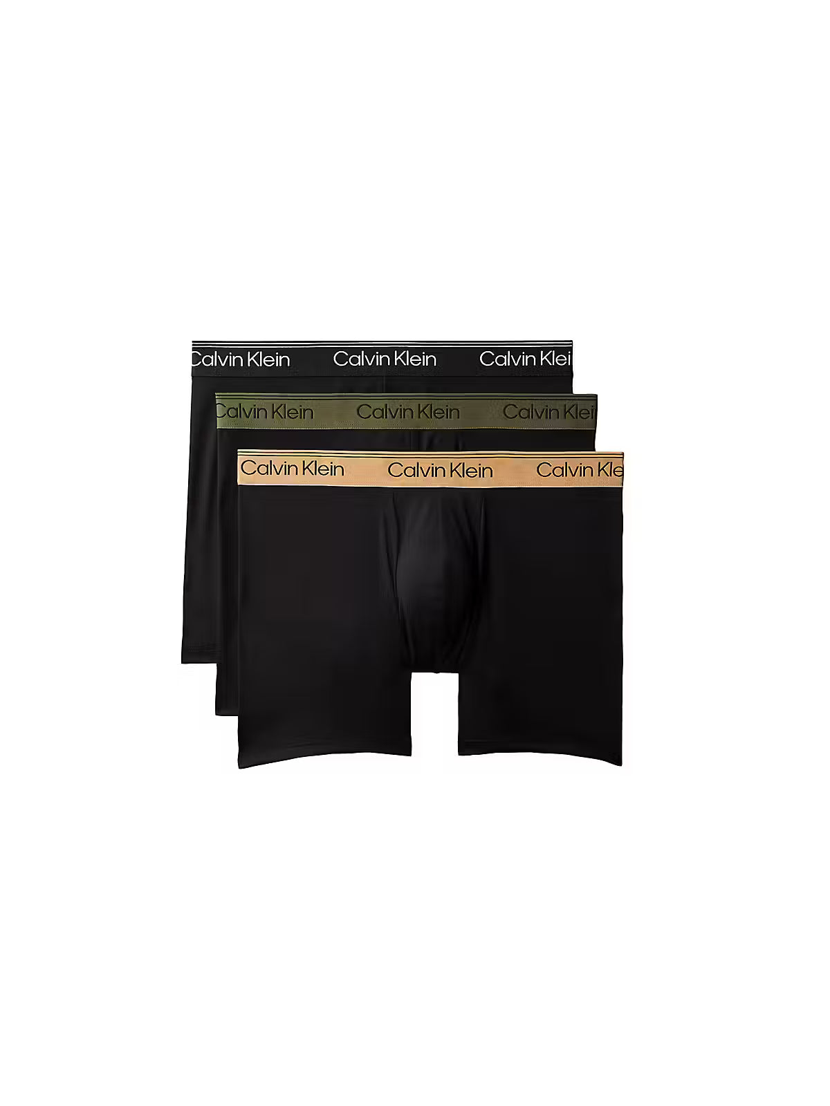 Three pairs of Calvin Klein men's boxer briefs stacked together on a white background, showing black, olive green, and tan waistbands with the brand name printed repeatedly.
