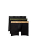 Three pairs of Calvin Klein men's boxer briefs stacked together on a white background, showing black, olive green, and tan waistbands with the brand name printed repeatedly.