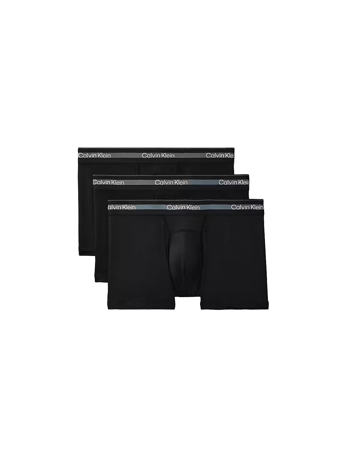 Three pairs of Calvin Klein black boxer briefs on a white background