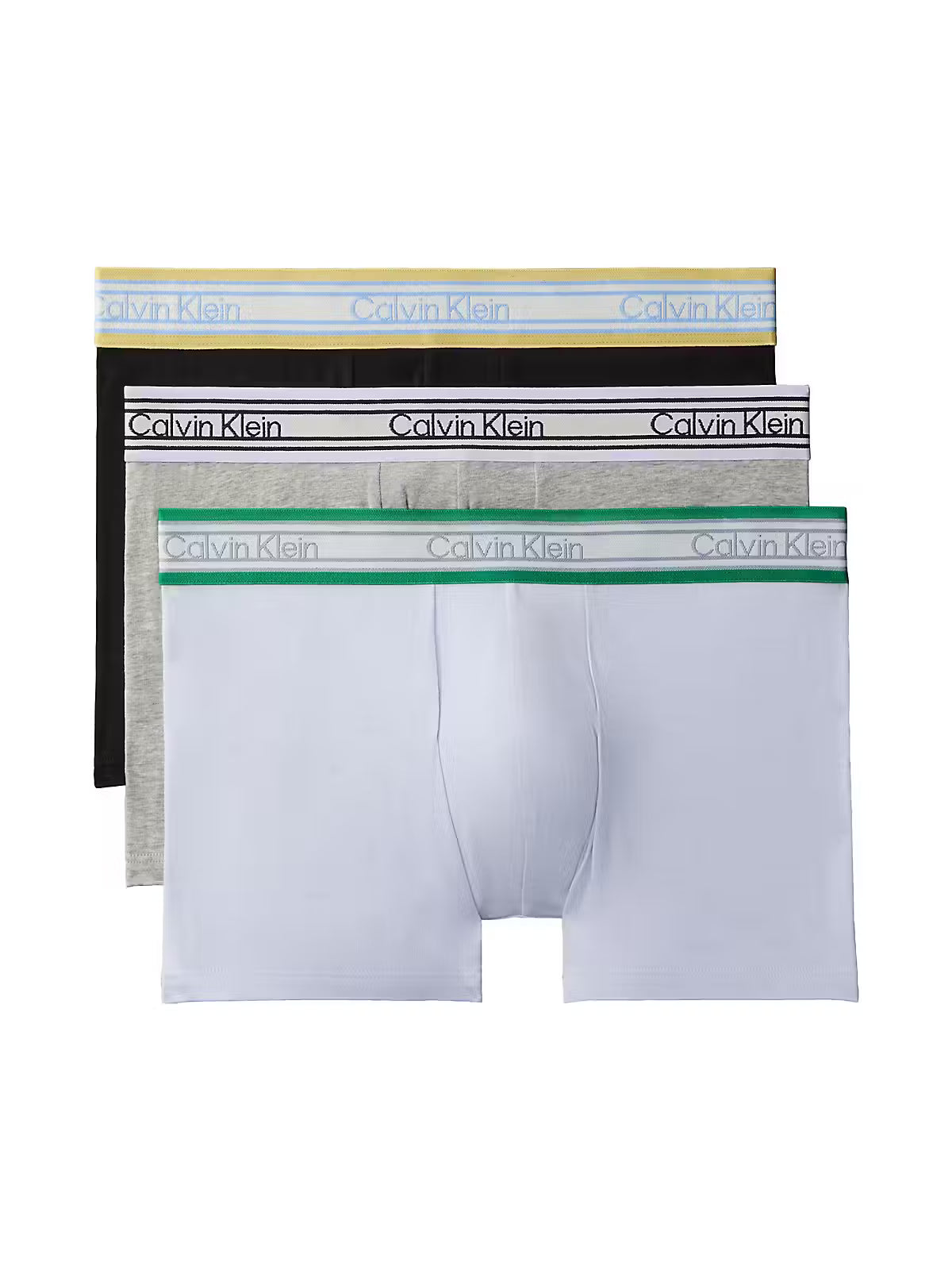 Calvin Klein Icon Cotton Stretch 3 Pack Trunks in black heavenly iris and grey heather, front product image
