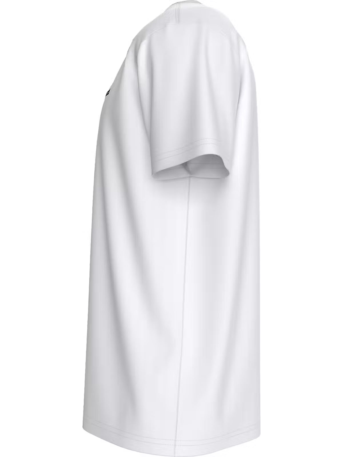 Side view of a white Calvin Klein crew-neck T-shirt