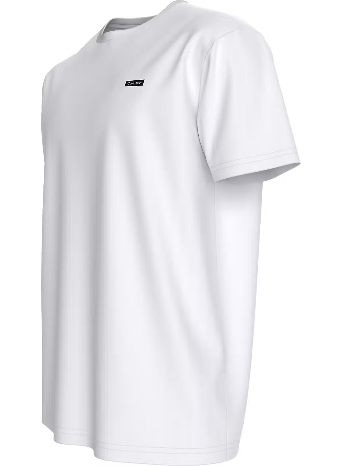 White Calvin Klein crew-neck T-shirt with a small black chest logo, angled front view