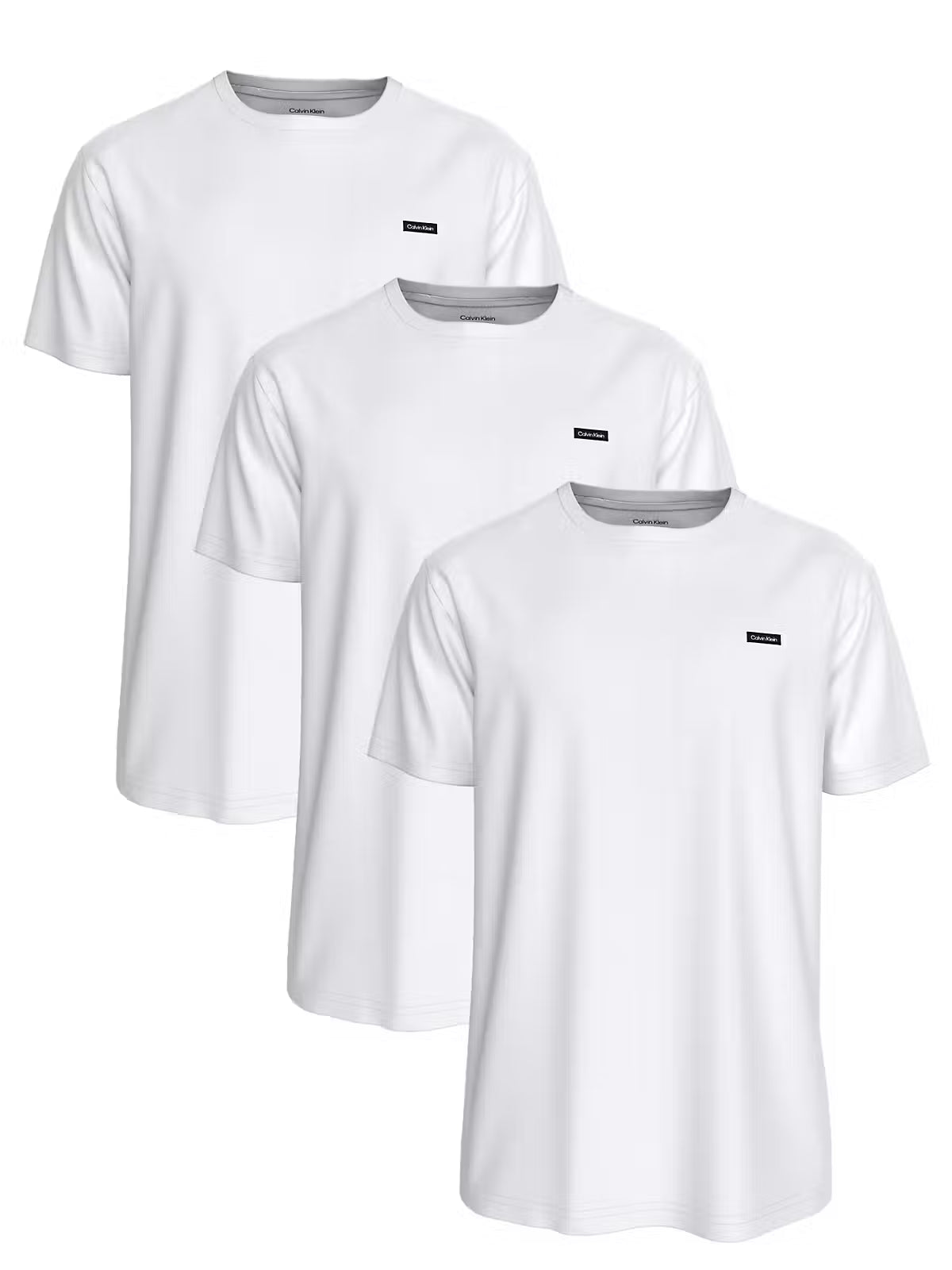 Three white short-sleeve crew-neck t-shirts arranged in a staggered overlapping layout, each with a small black rectangular chest label.