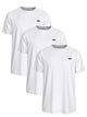 Three white short-sleeve crew-neck t-shirts arranged in a staggered overlapping layout, each with a small black rectangular chest label.