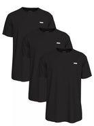 Three black short-sleeve crewneck t-shirts arranged in a staggered overlapping layout on a plain white background, each with a small white rectangular chest logo.