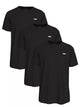 Three black short-sleeve crewneck t-shirts arranged in a staggered overlapping layout on a plain white background, each with a small white rectangular chest logo.