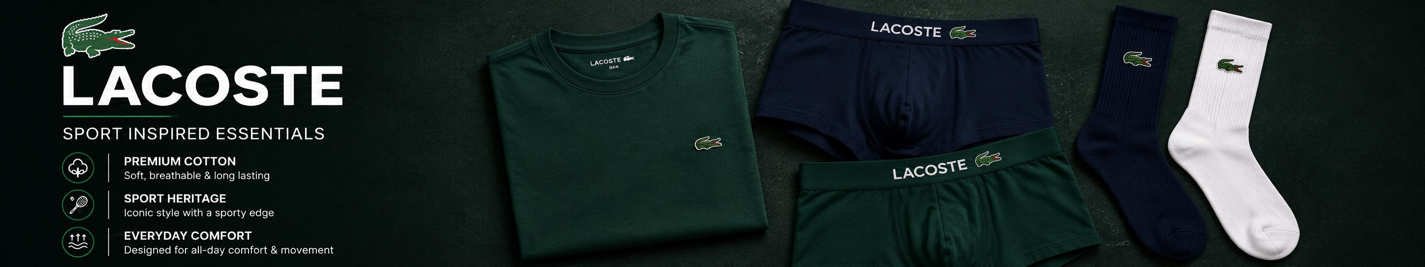 Lacoste sports wear including t-shirt, boxer briefs, and socks on a dark background