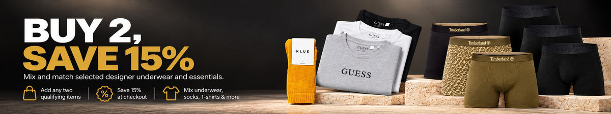 Buy 2 Save 15% on designer underwear, socks and T-shirts