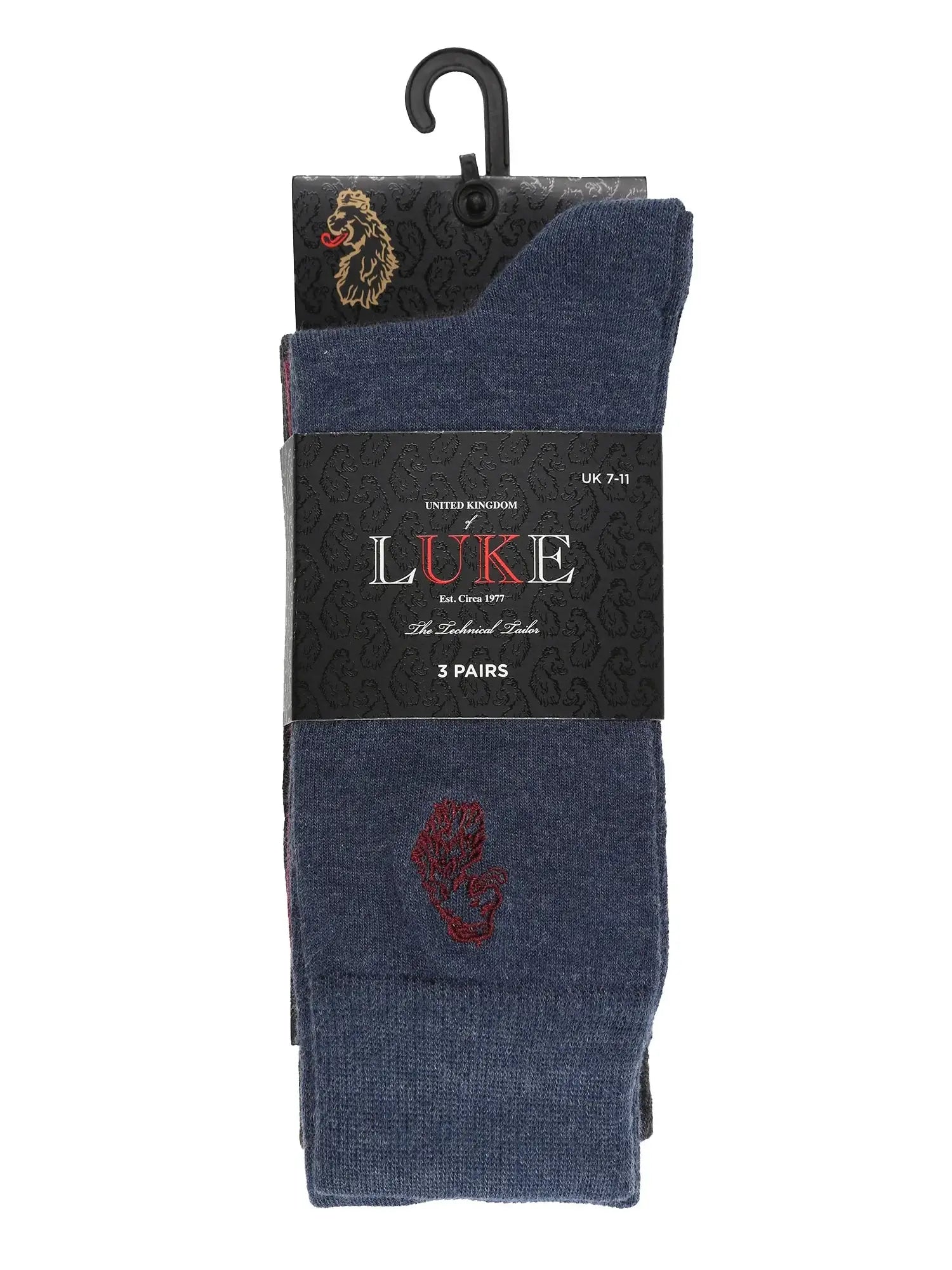 LUKE Antiki 3 Pack Socks – Red, Blue & Charcoal | Lion Head Embroidery