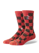 Stance Santarchy red and black buffalo plaid crew socks skull Santa motif angled view