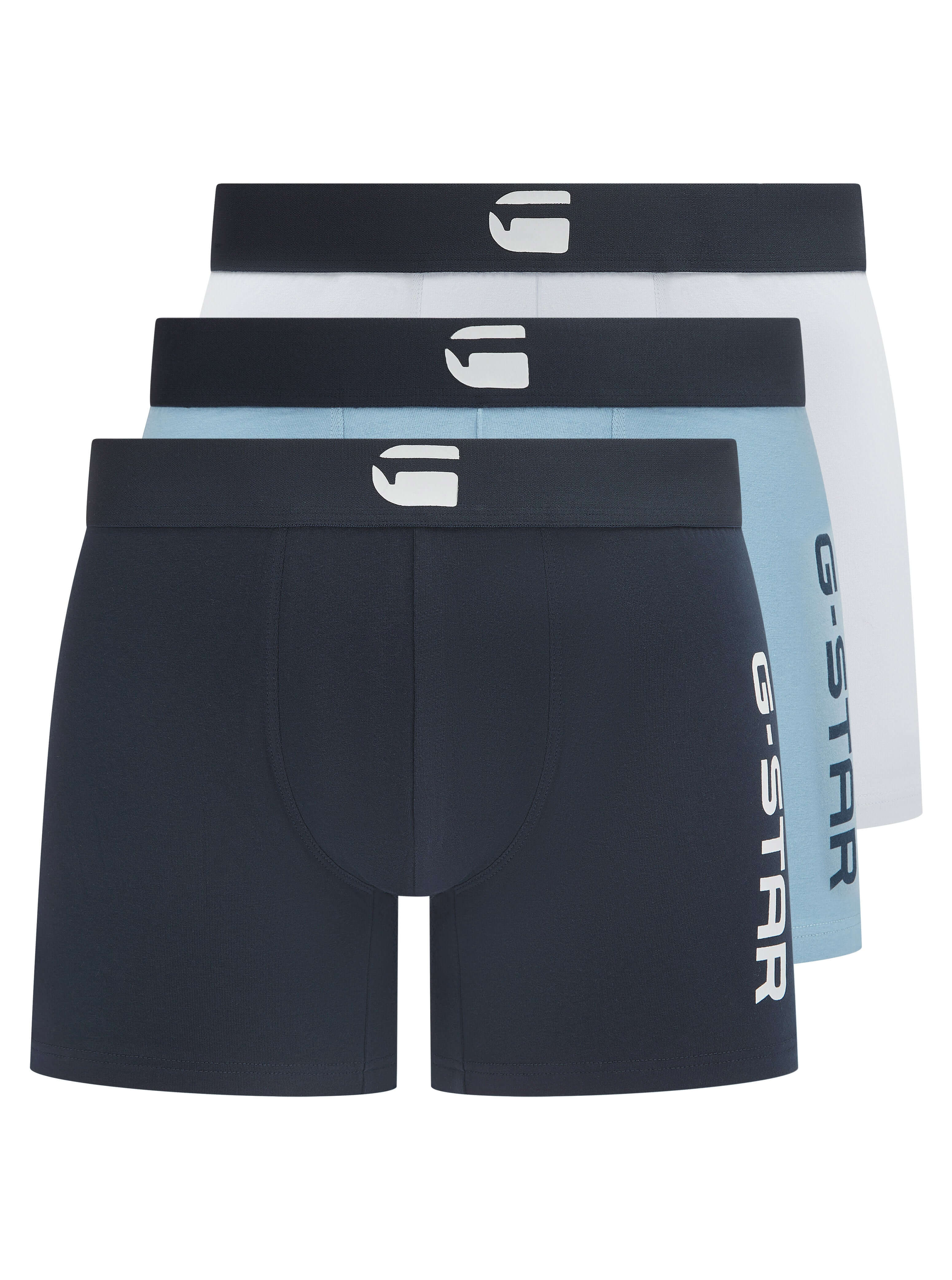 G-Star Men’s 3 Pack Cotton Stretch Rubberized Logo Trunks – Denim, Navy & White