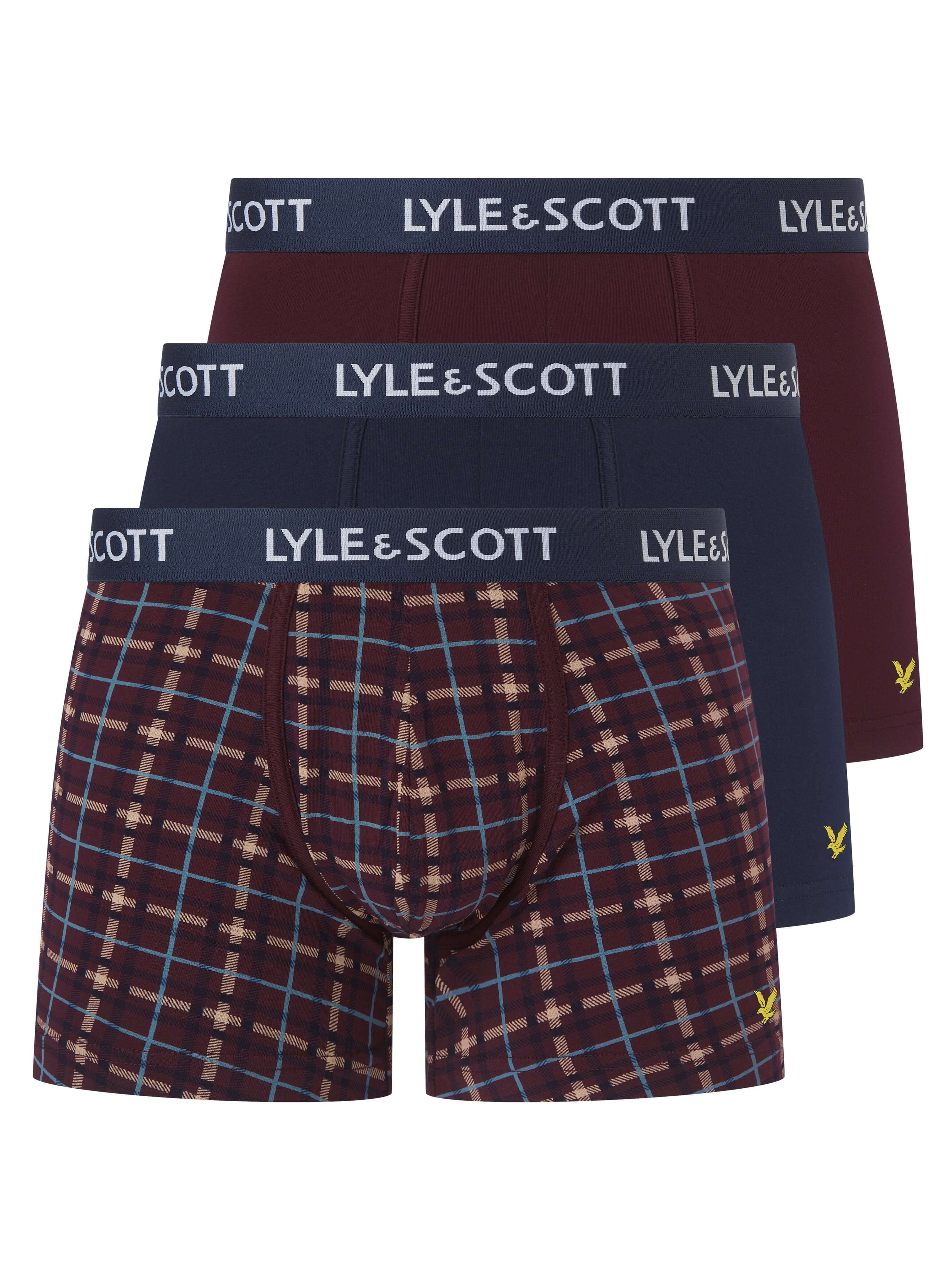 Lyle & Scott Men's 3 Pack Cotton Stretch Trunks - Wine-tasting / Check / Peacoat
