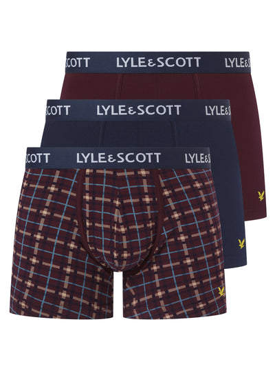 Lyle & Scott Men's 3 Pack Cotton Stretch Trunks - Wine Tasting / Check / Peacoat