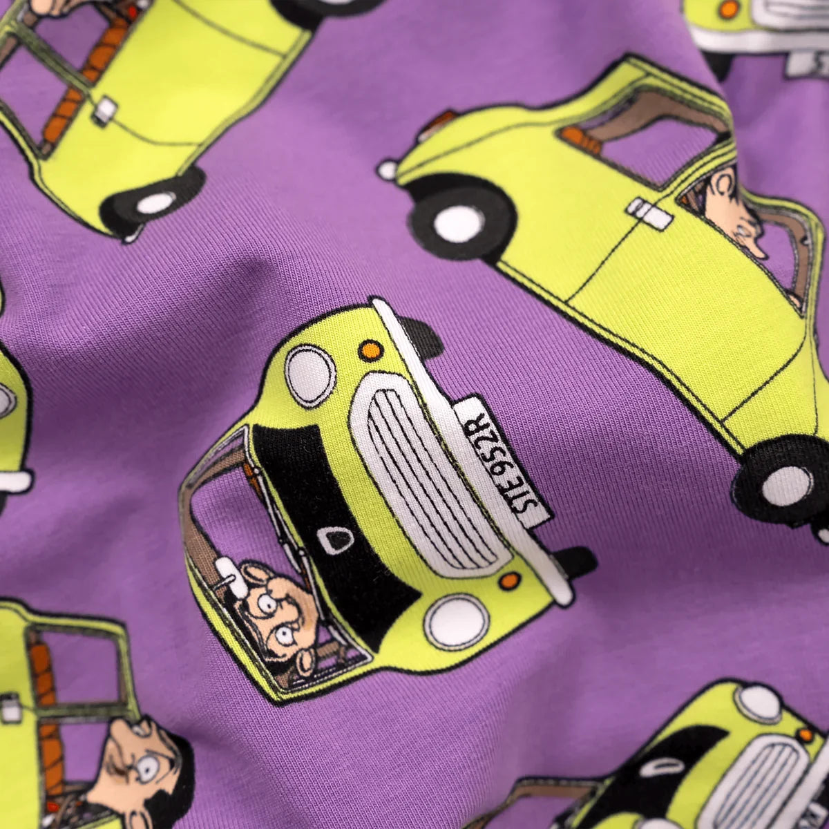 OddBalls Mr Bean Car boxer shorts purple stretch cotton fabric detail