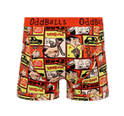 A pair of men's boxer briefs by Oddballs, featuring a vibrant cartoon collage print of Mr. Bean characters and vehicles on a red, yellow, and black background.