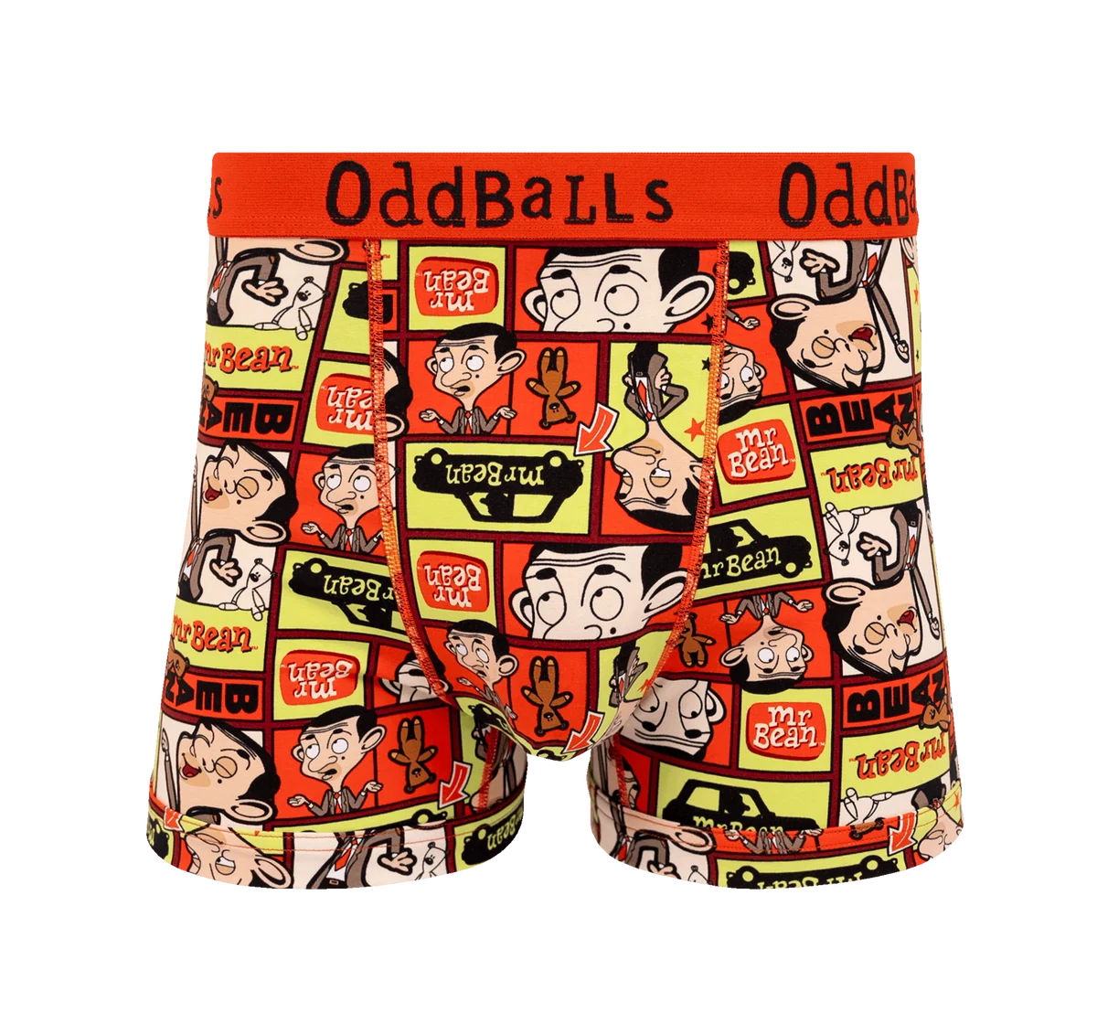 Oddballs brand boxer briefs featuring a colorful comic strip print with cartoon characters and the text 'Oddballs' on the red waistband, shown against a plain white background.