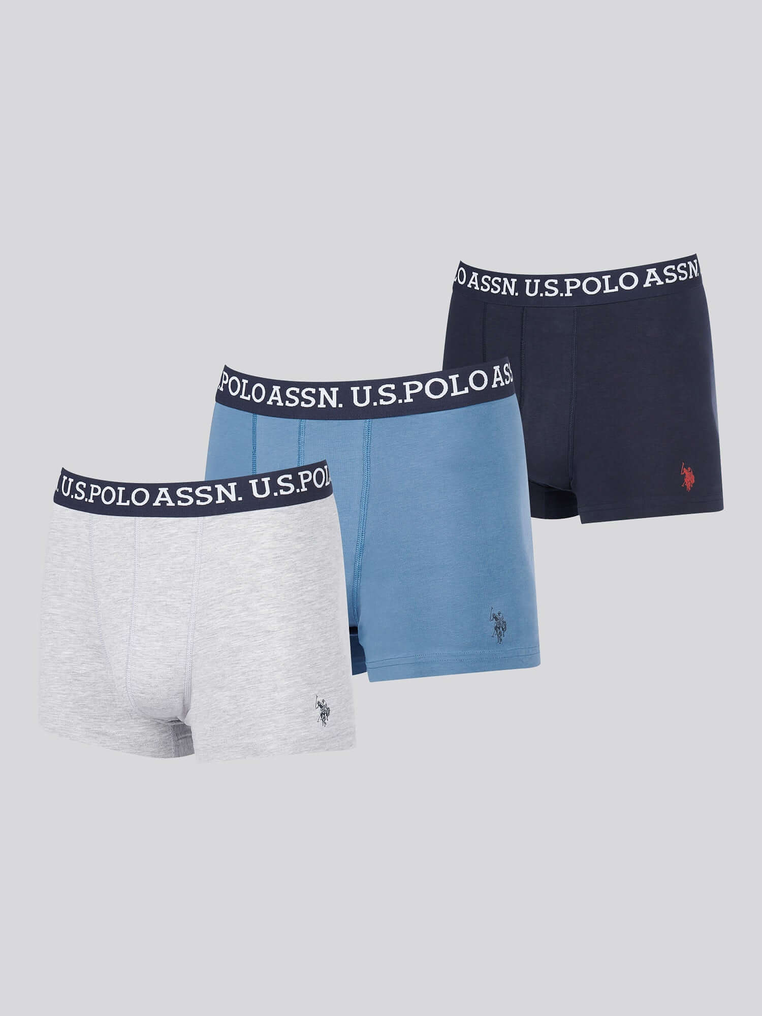 U.S. Polo Assn. 3 Pack Cotton Stretch Multi Trunks, Blue, Navy, Grey
