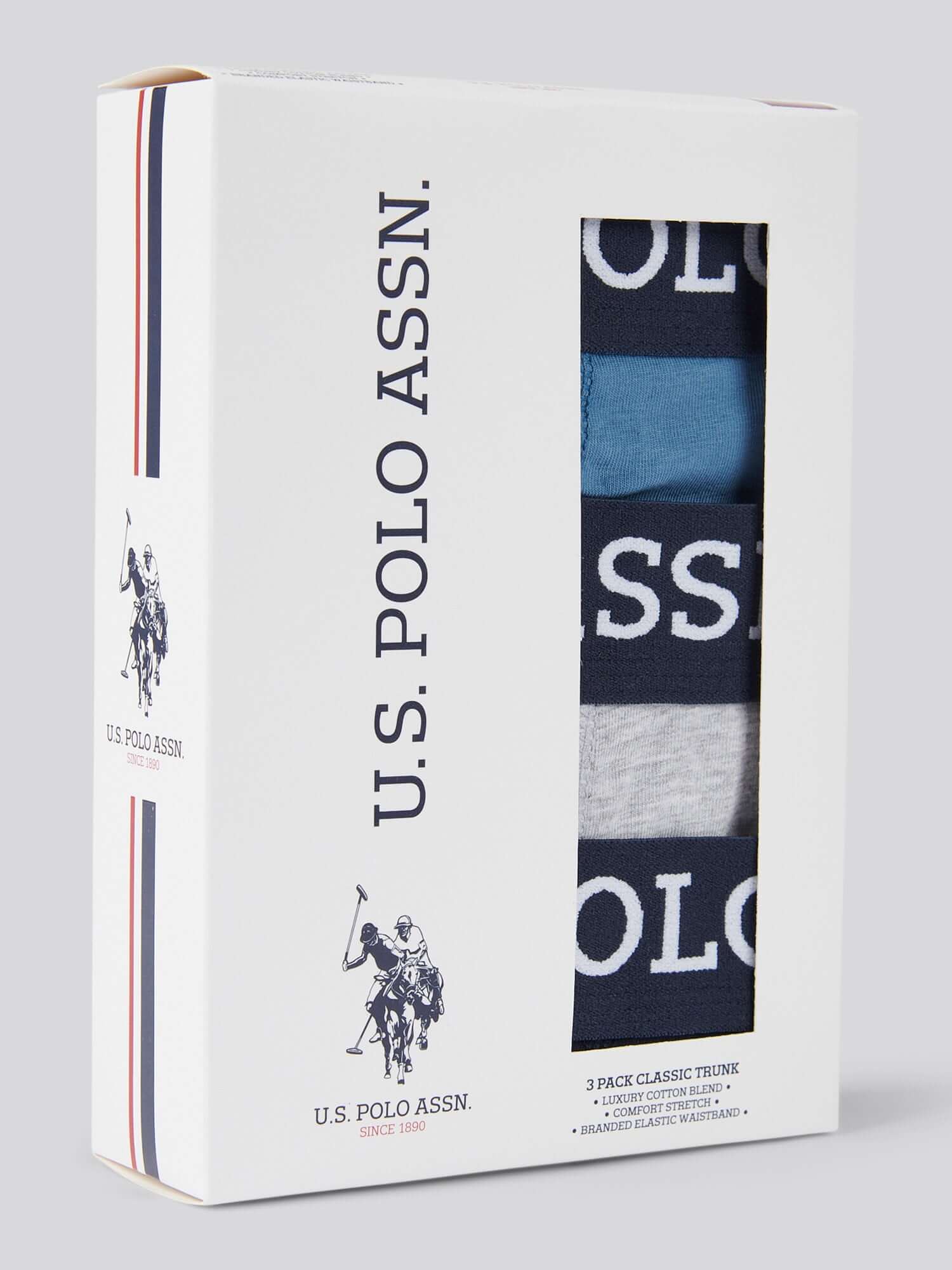 U.S. Polo Assn. 3 Pack Cotton Stretch Multi Trunks, Blue, Navy, Grey