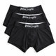 Three pairs of black Palm Angels men's boxer briefs stacked diagonally on a white background, showing the white gothic logo on the elastic waistbands.