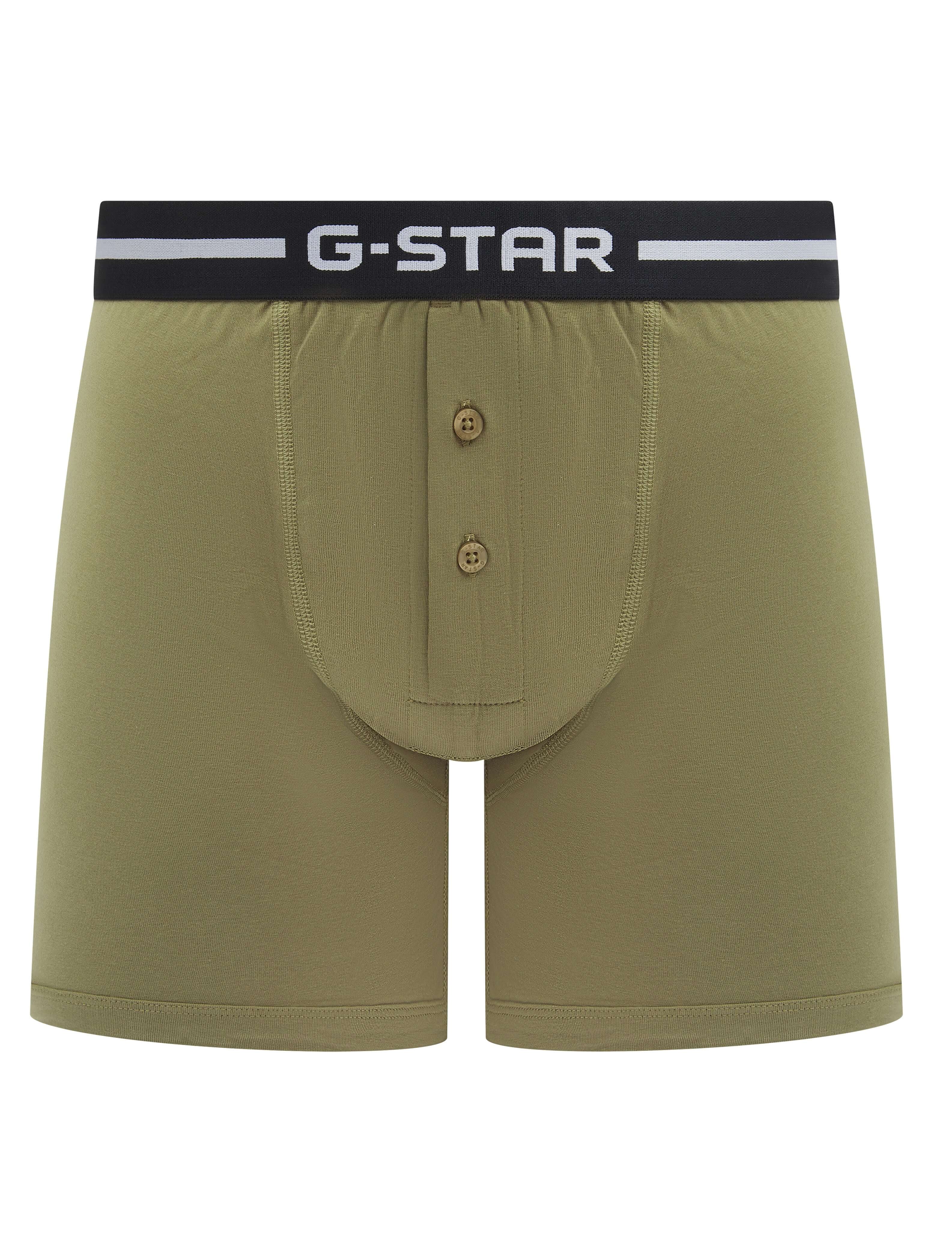 G-Star Men’s 3 Pack Button Fly Cotton Stretch Trunks – Black, Olive, Green