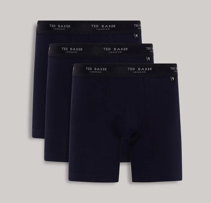 Three navy Ted Baker boxer briefs with branded waistbands