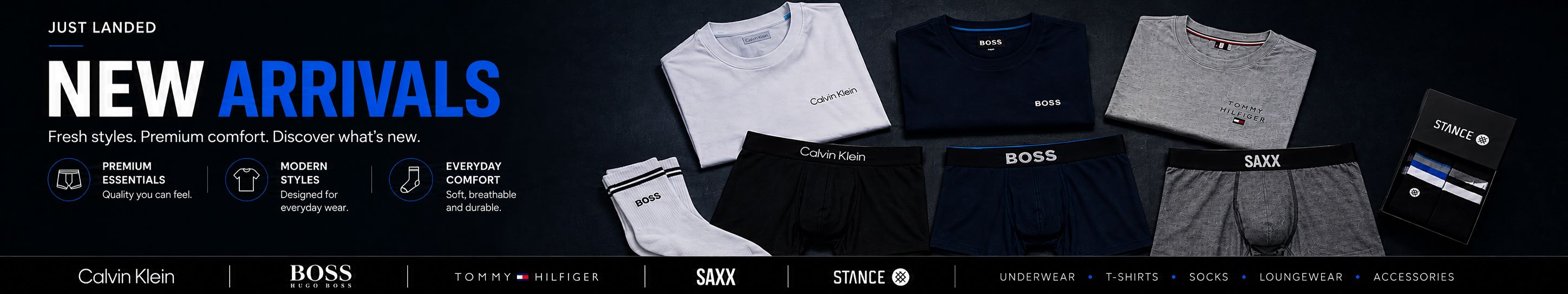 New in men’s designer underwear, socks and essentials from Calvin Klein, SAXX, BOSS, Lacoste, Tommy Hilfiger, Emporio Armani, Björn Borg, PSD and Stance