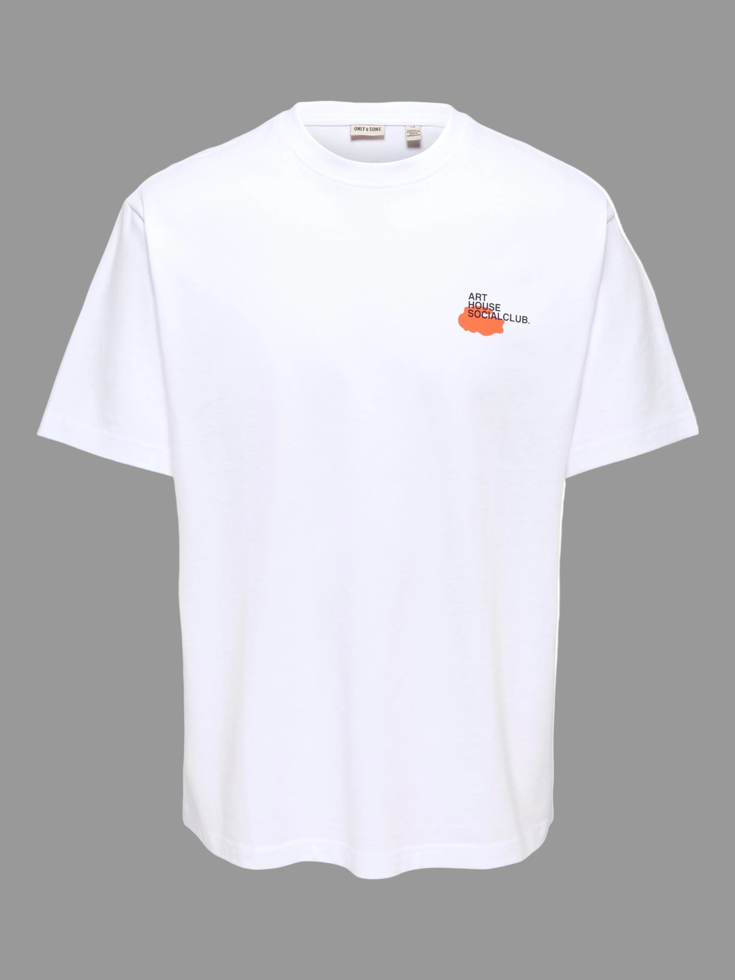 White t-shirt with a small orange logo on a white background