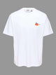 White t-shirt with a small orange logo on a white background