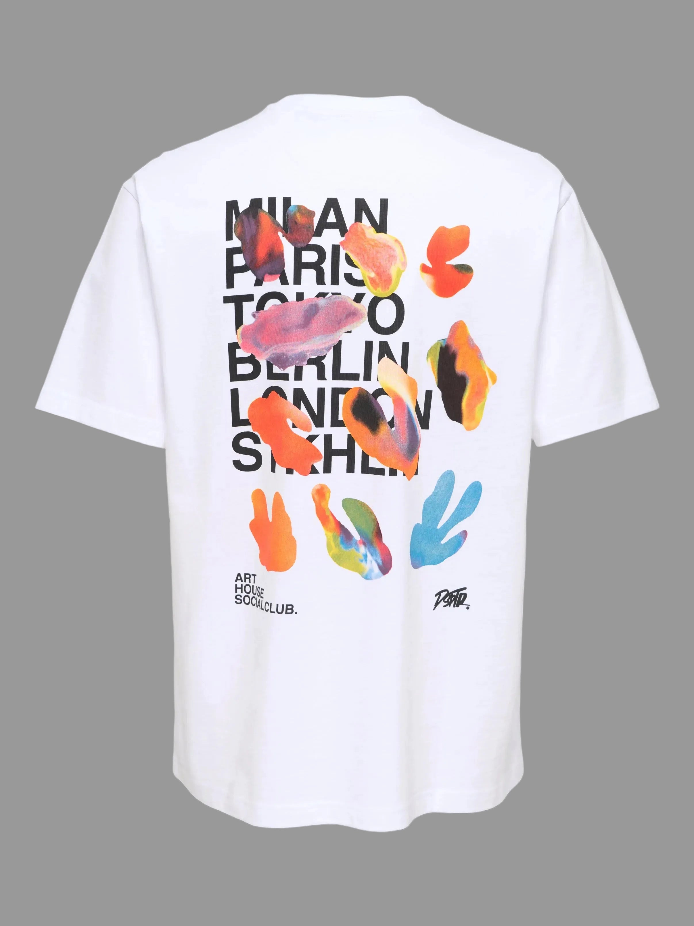 White t-shirt with colorful graphic designs and text on a white background