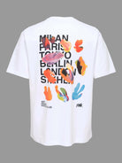 White t-shirt with colorful graphic designs and text on a white background
