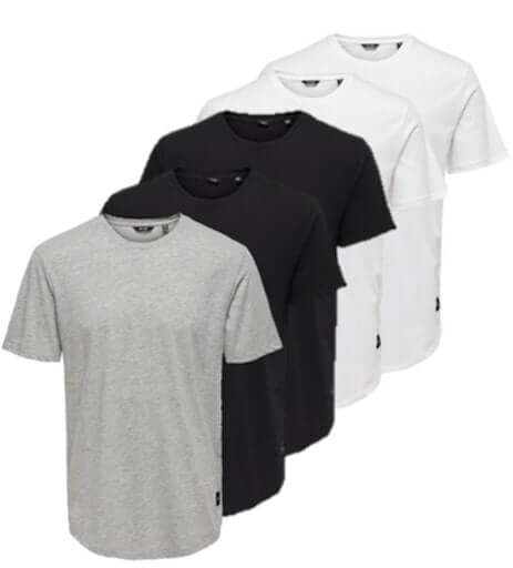 Only & Sons Onsmatt Longy Crew Neck Tee - 5 Pack T-Shirts, Black, White, Grey