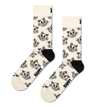 A pair of crew socks in cream with a black cartoon cat face pattern and the word 'HAPPY' printed near the foot, shown on a plain white background.