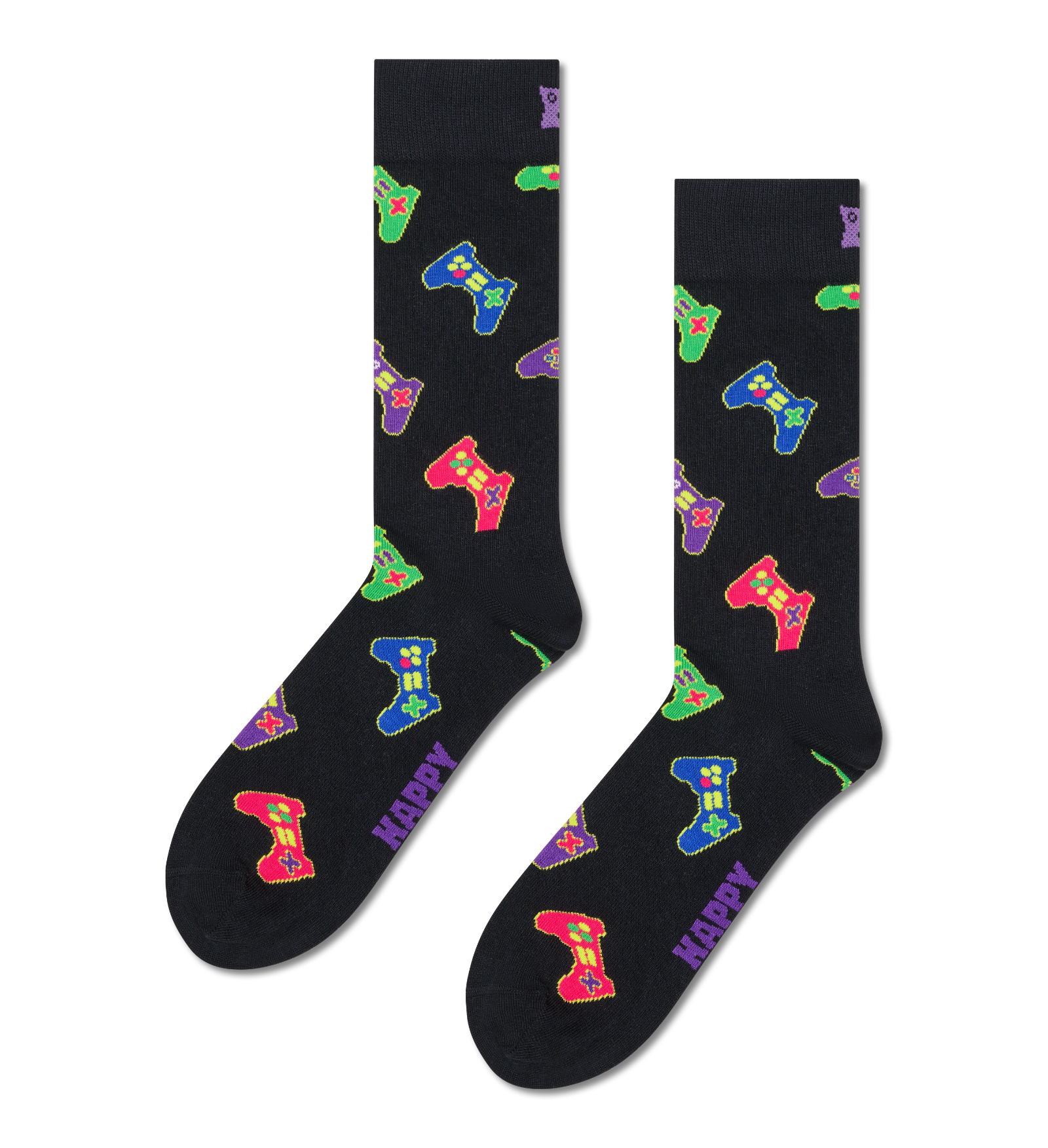 A pair of black crew socks with a colorful pattern of video game controllers and the word 'HAPPY' printed in purple, shown against a plain white background.