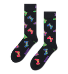 A pair of black crew socks with a colorful pattern of video game controllers and the word 'HAPPY' printed in purple, shown against a plain white background.