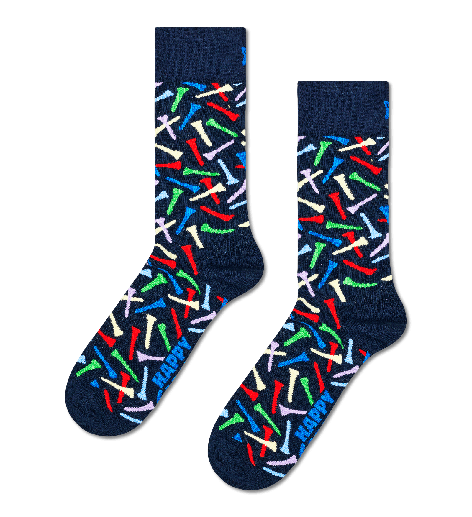 A pair of navy blue crew socks with a colorful pattern of crossed paintbrushes in red, green, blue, white, and purple, featuring the word 'HAPPY' printed in blue on the sole.