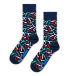 A pair of navy blue crew socks with a colorful pattern of crossed paintbrushes in red, green, blue, white, and purple, featuring the word 'HAPPY' printed in blue on the sole.