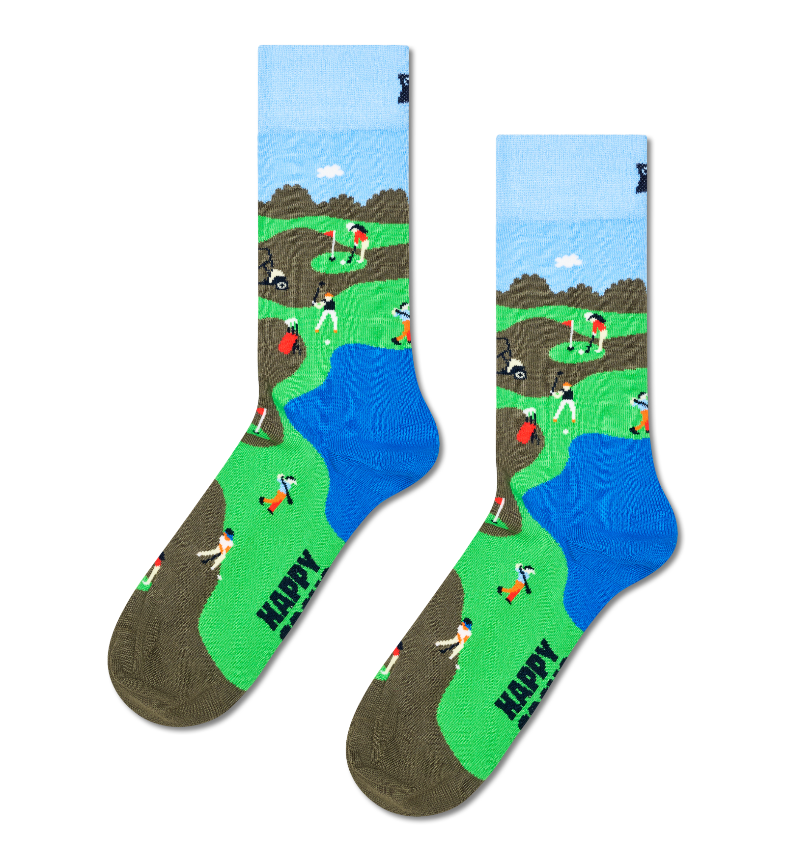 A pair of crew socks with a colorful golf course landscape print, featuring green fairways, blue water, brown sand bunkers, and cartoon golfers. The word 'HAPPY' is printed in black on the toes, and a small black logo is visible near the top cuffs.