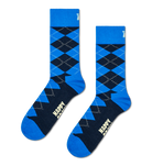 A pair of crew socks with a blue and navy argyle pattern, featuring a solid blue cuff, toe, and heel, and the word 'HAPPY' printed in white on the sole.