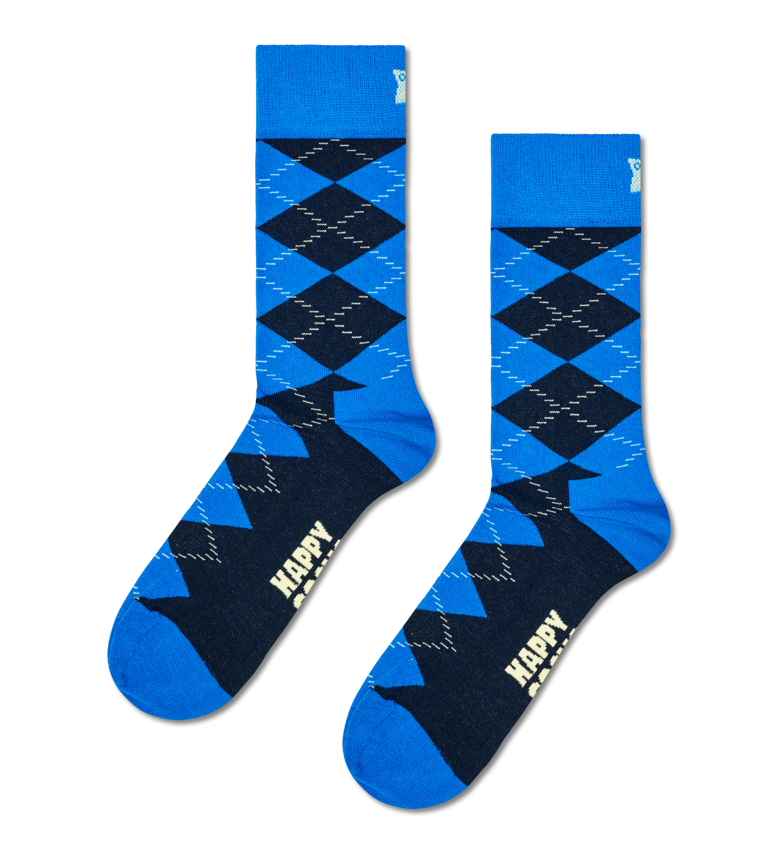 A pair of crew socks with a blue and navy argyle pattern, featuring a solid blue cuff, toe, and heel, and the word 'HAPPY' printed in white on the sole.