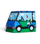 A colorful paper toy or model shaped like a golf cart, shown on a plain white background. The front features a blue face with white headlights, and the sides show a blue cart with green interior details, a driver figure, and a golfer standing nearby. Happy Socks Gift Socks