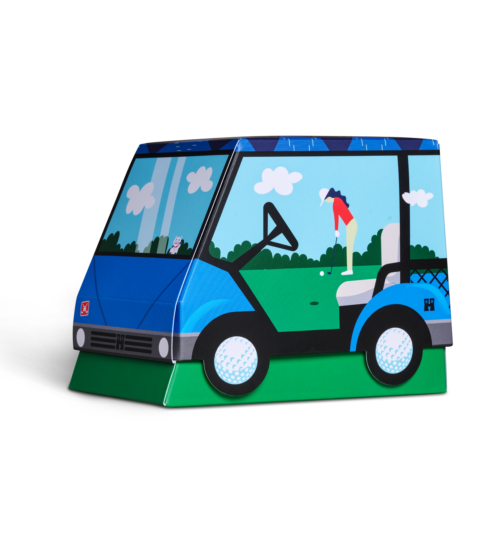 A colorful paper toy or model shaped like a golf cart, shown on a plain white background. The front features a blue face with white headlights, and the sides show a blue cart with green interior details, a driver figure, and a golfer standing nearby. Happy Socks Gift Socks