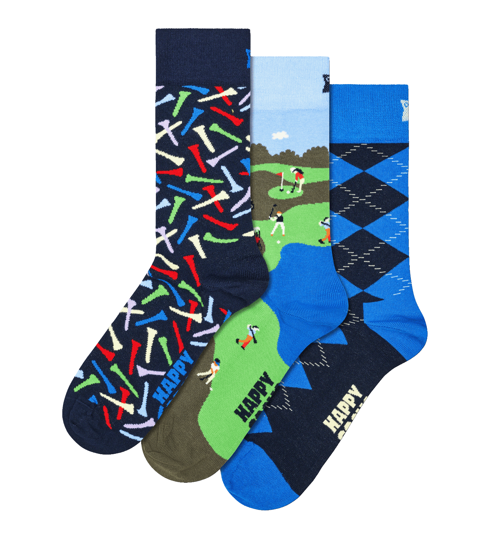 Three pairs of novelty golf socks displayed together on a white background. The left pair has a navy base with colorful golf club patterns, the middle pair features a golf course landscape with a golfer, and the right pair has a blue and navy argyle pattern with 'HAPPY GOLF' text.
